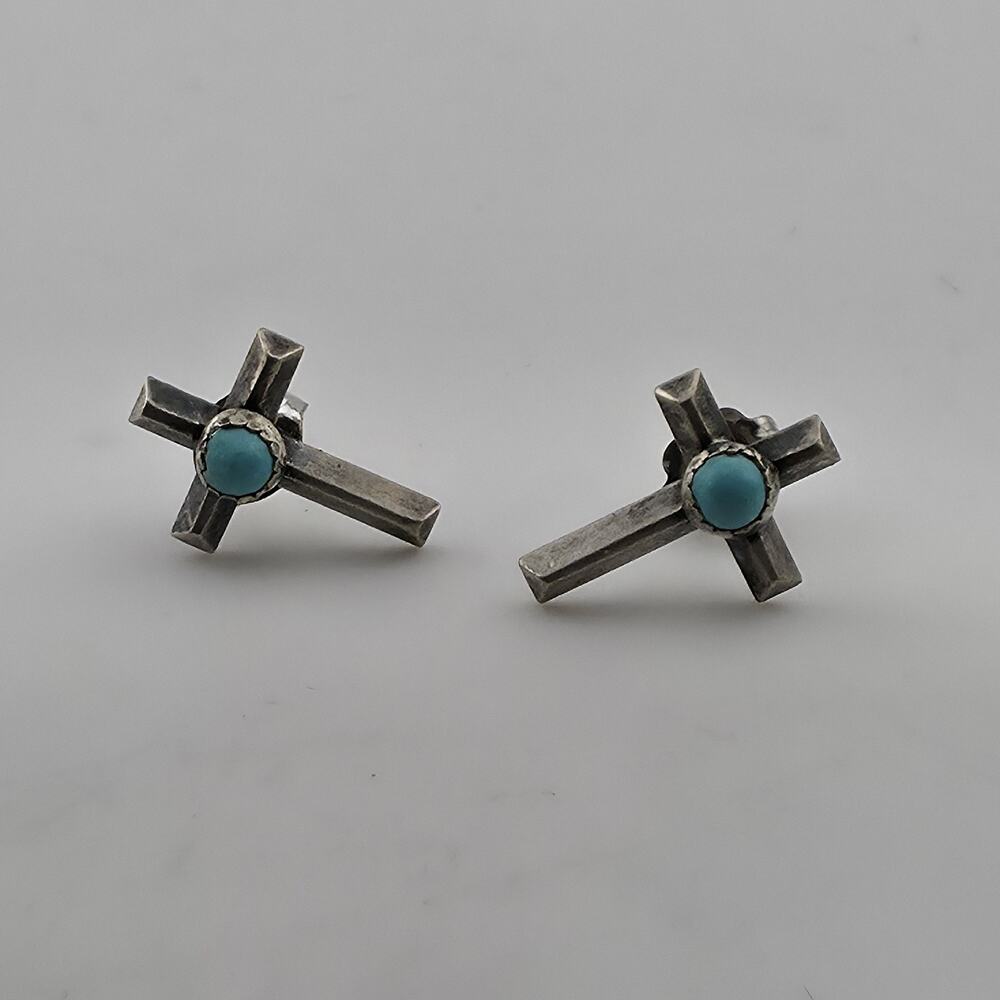 Vintage 925 Sterling Silver Turquoise Cross Stud Earrings Southwestern Faith